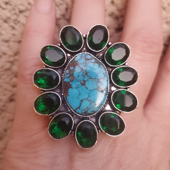 New Tibetan Turquoise and Chrome Diopside 925 Silver Statement Ring. - Picture 7 of 12